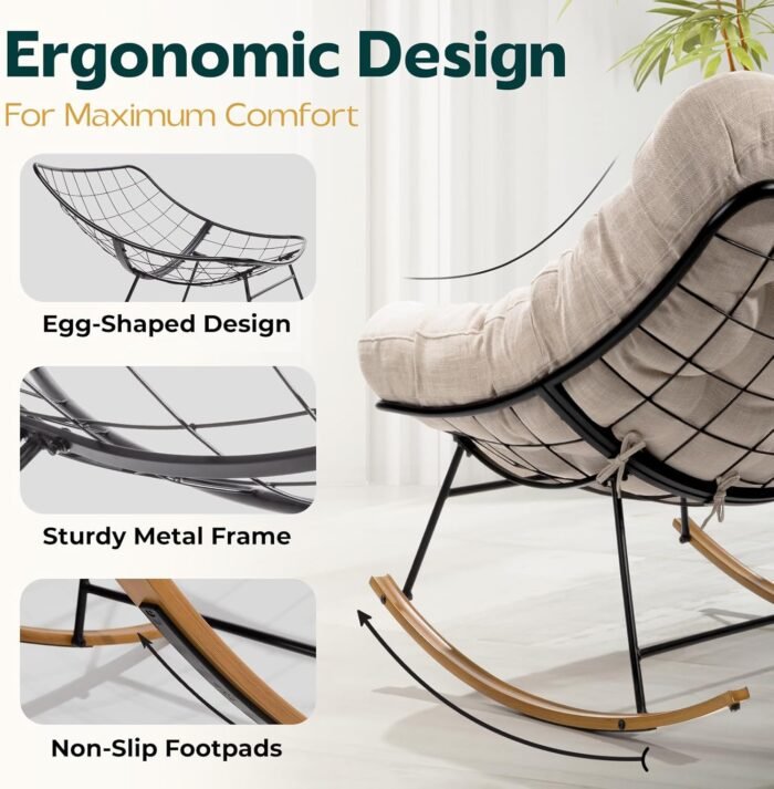 Bme Patio Rocking Chair Outdoor and Indoor, Modern Metal Lounge Rocker with Thick 7'' Cushion, 400lbs Capacity, Ergonomic Design, Easy Assembly, Beige Cushion - Wood Texture Rocker - Image 3