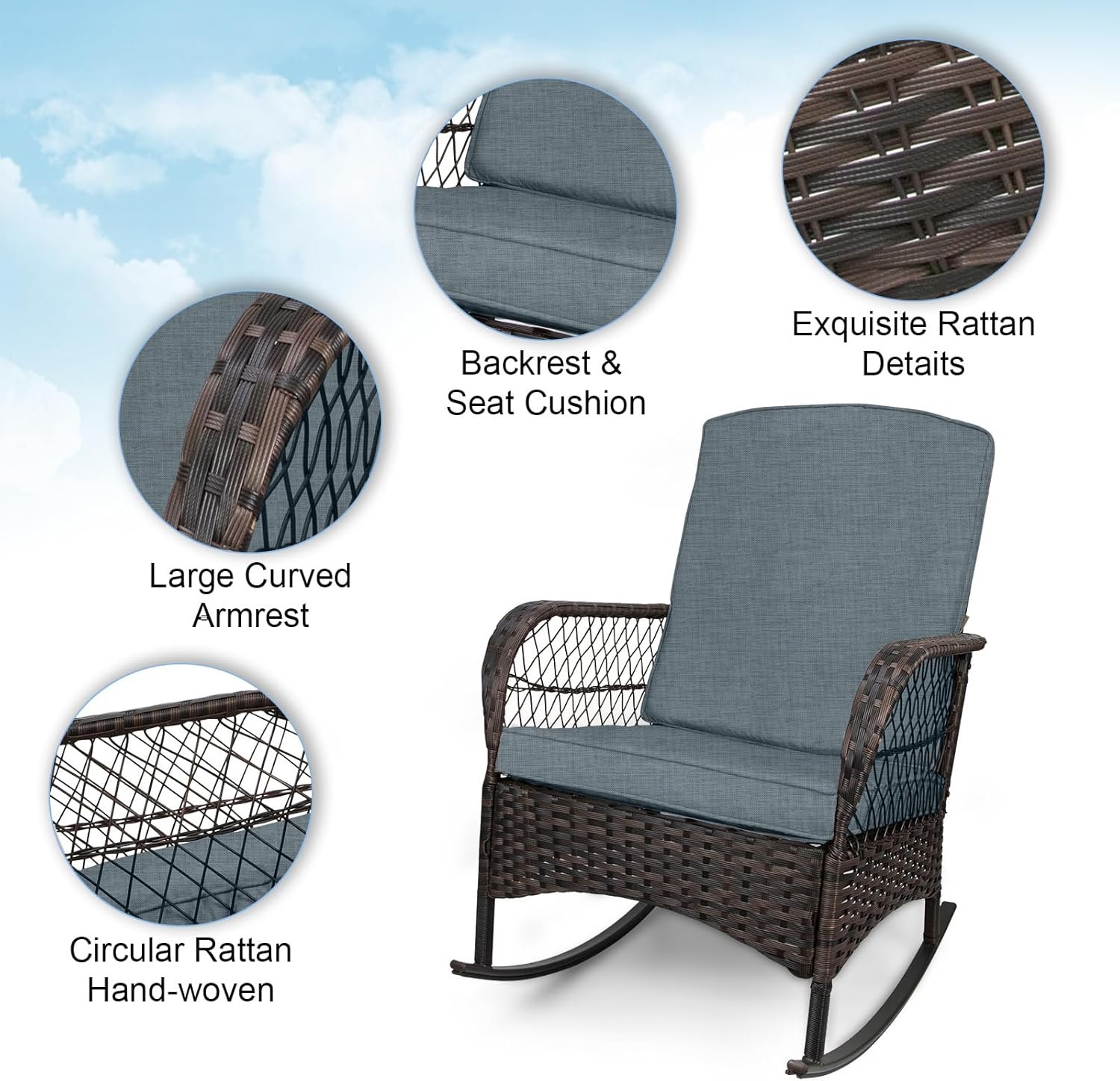 LEVELEVE 3 pcs Rocking Bistro Set Conversation Chairs PE Wicker Outdoor Rocking Chairs (Grey) - Image 3