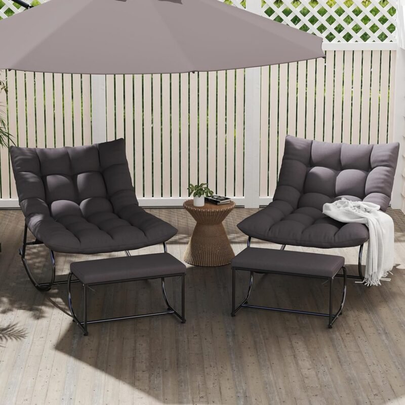 2 Piece Outdoor Rocking Chairs with Ottoman, Patio Oversized Rocking Egg Chair with Cushion, Papasan Chair Set of 2 for Outside, Outdoor Padded Chairs, Grey