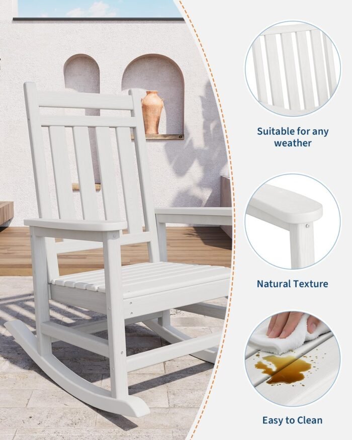 Poly Lumber Rocking Chair Outdoor Set of 2 with Side Table - HDPE High Back Porch Rocker Chairs for Adults - All Weather Resistant Furniture for Patio - White - Image 3