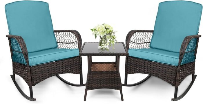 LEVELEVE 3 pcs Rocking Bistro Set Conversation Chairs PE Wicker Outdoor Rocking Chairs (Lake Blue)