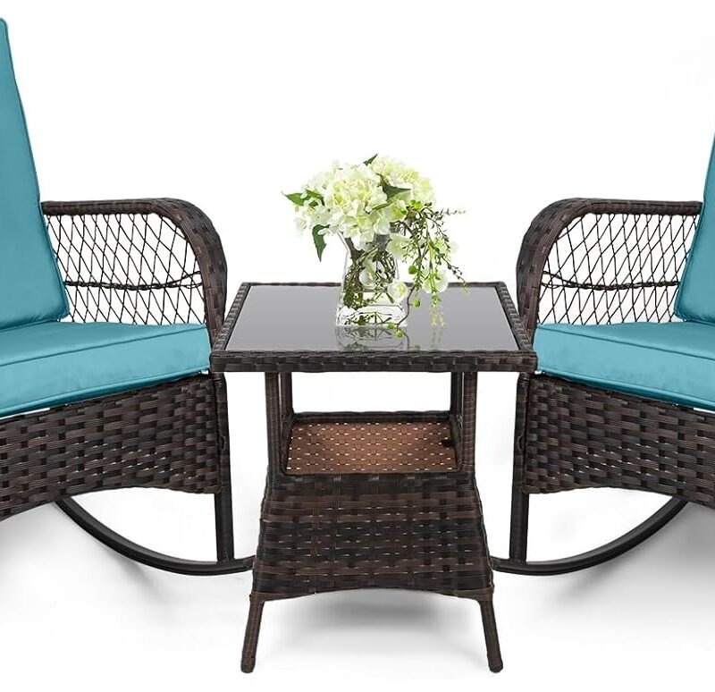 LEVELEVE 3 pcs Rocking Bistro Set Conversation Chairs PE Wicker Outdoor Rocking Chairs (Lake Blue)