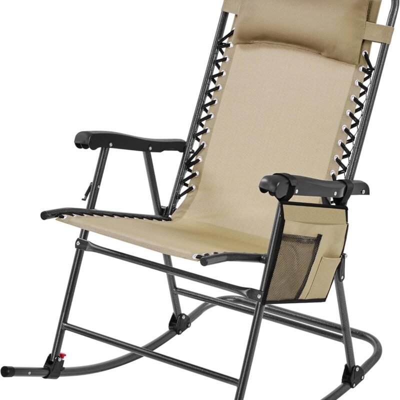 Yaheetech 26in Rocking Chair Outdoor Zero Gravity Folding Chairs Rocking Chairs Foldable Outdoor Reclining Lounge Chair for Outside Lawn with Cupholder/Pillow Ergonomic Design for Rest, Beige