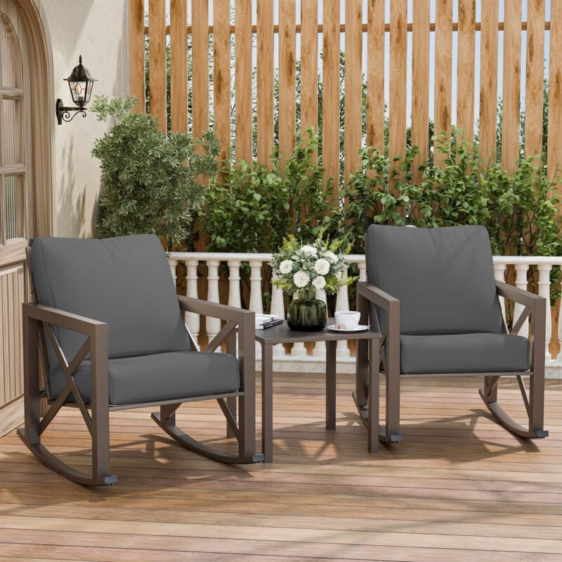 Outdoor Rocking Bistro Set, Patio Rocking Chairs Set of 2 with Coffee Table, 3 Pieces Metal Conversation Sets with 6.5" Thick Cushions for Backyard, Porch, Poolside, Oversized (Gray)