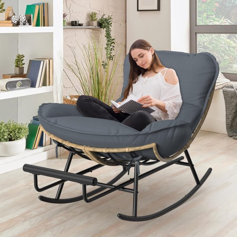 ZENPETIO Outdoor Rocking Chair - Oversized Metal Frame Papasan Rocking Chair with All Weather PE Wicker Rattan Rocker and Footrest for Patio, Balcony, Porch, Lawn and Living Room - Grey