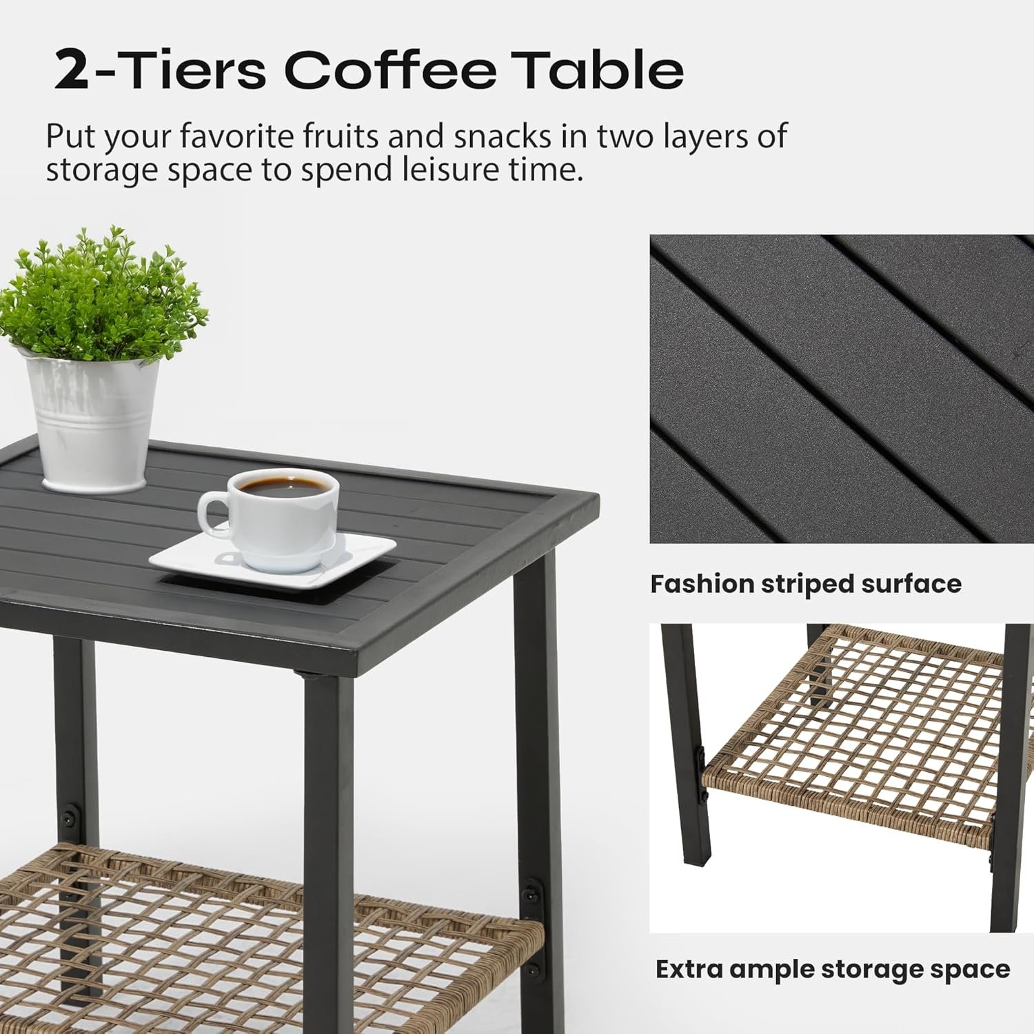 AVAWING 3 Pieces Rocking Bistro Set, Outdoor Rattan Patio Rocking Chairs Set of 2 and 2-Tier Coffee Table, Modern Furniture Oversized Conversation Set for Balcony, Porch, Garden (White) - Image 6