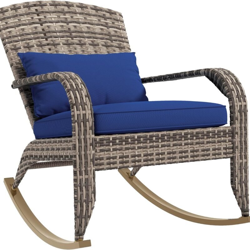 Outsunny Outdoor Wicker Adirondack Rocking Chair, Patio Rattan Rocker Chair with High Back, Seat Cushion, and Pillow for Garden, Porch, Balcony, Dark Blue