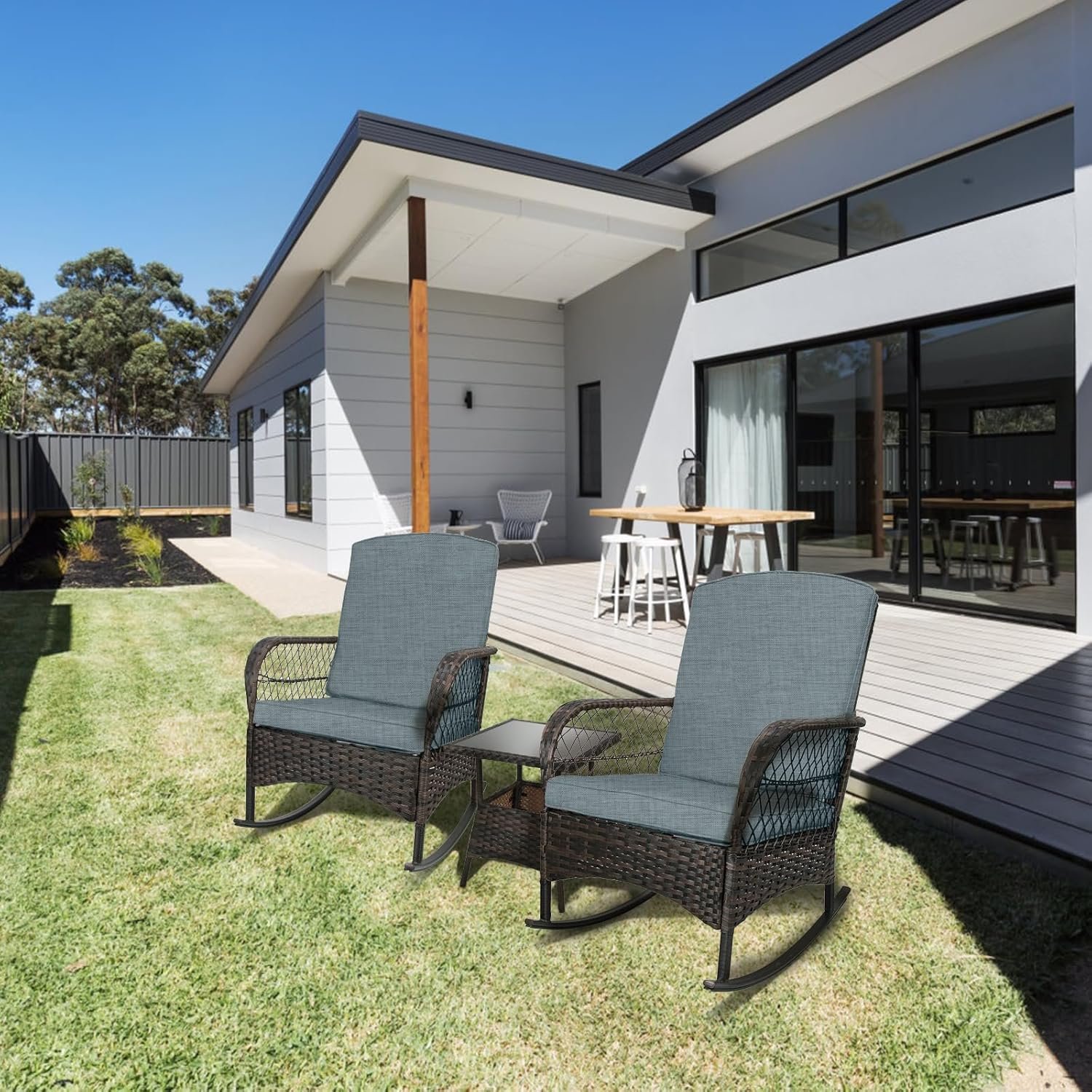 LEVELEVE 3 pcs Rocking Bistro Set Conversation Chairs PE Wicker Outdoor Rocking Chairs (Grey) - Image 5