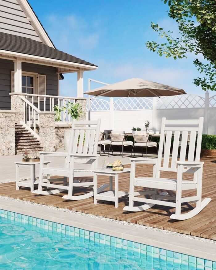 Poly Lumber Rocking Chair Outdoor Set of 2 with Side Table - HDPE High Back Porch Rocker Chairs for Adults - All Weather Resistant Furniture for Patio - White - Image 8