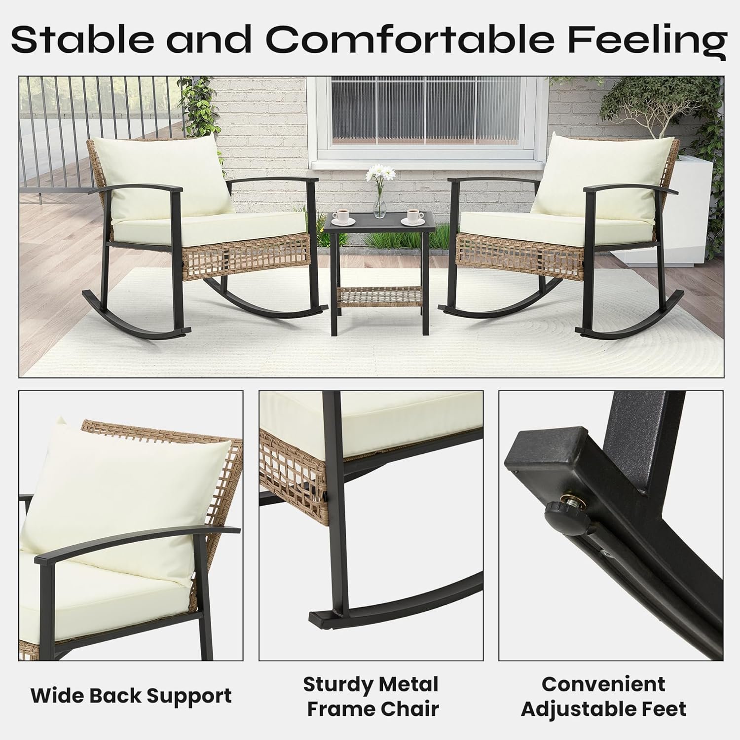 AVAWING 3 Pieces Rocking Bistro Set, Outdoor Rattan Patio Rocking Chairs Set of 2 and 2-Tier Coffee Table, Modern Furniture Oversized Conversation Set for Balcony, Porch, Garden (White) - Image 4