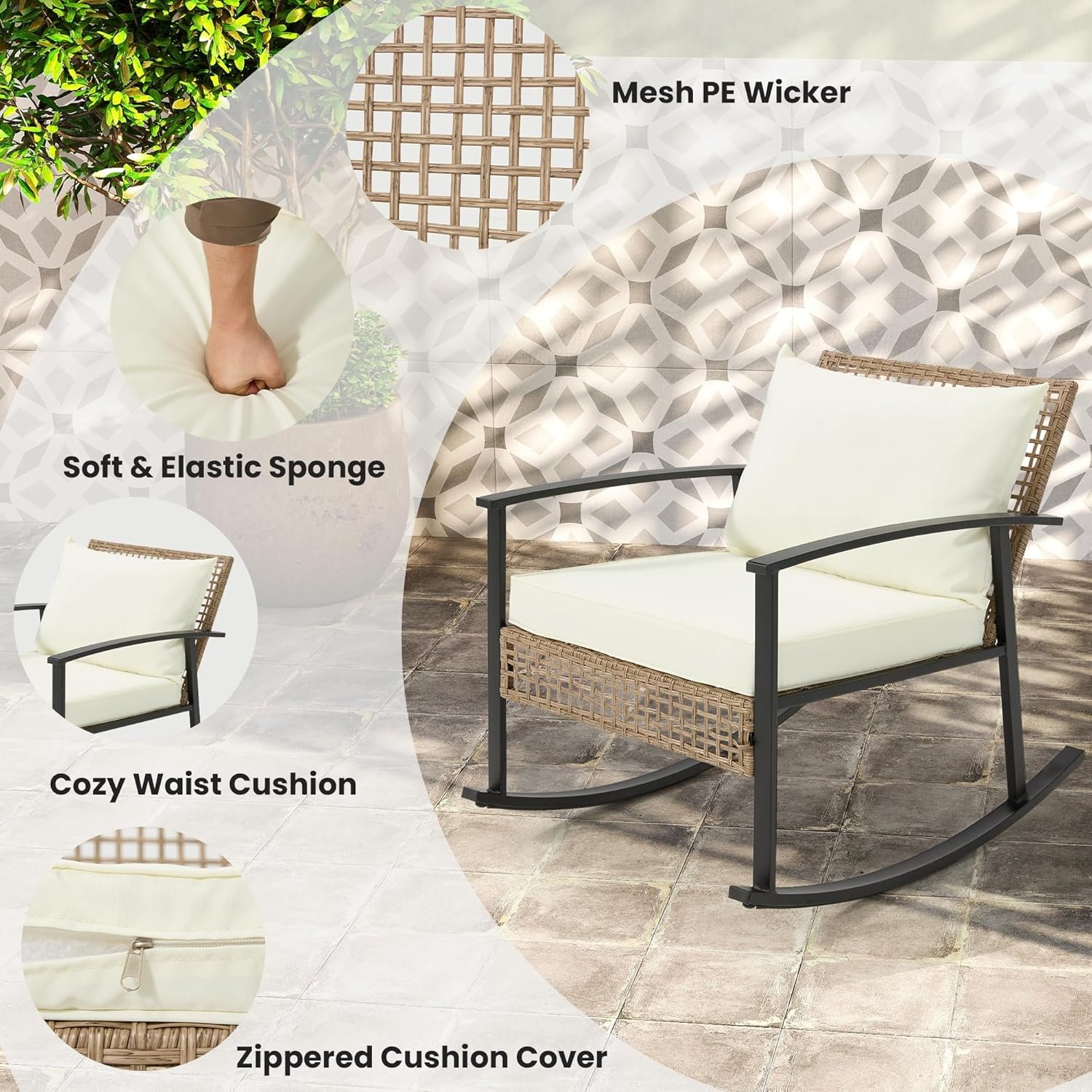 AVAWING 3 Pieces Rocking Bistro Set, Outdoor Rattan Patio Rocking Chairs Set of 2 and 2-Tier Coffee Table, Modern Furniture Oversized Conversation Set for Balcony, Porch, Garden (White) - Image 5