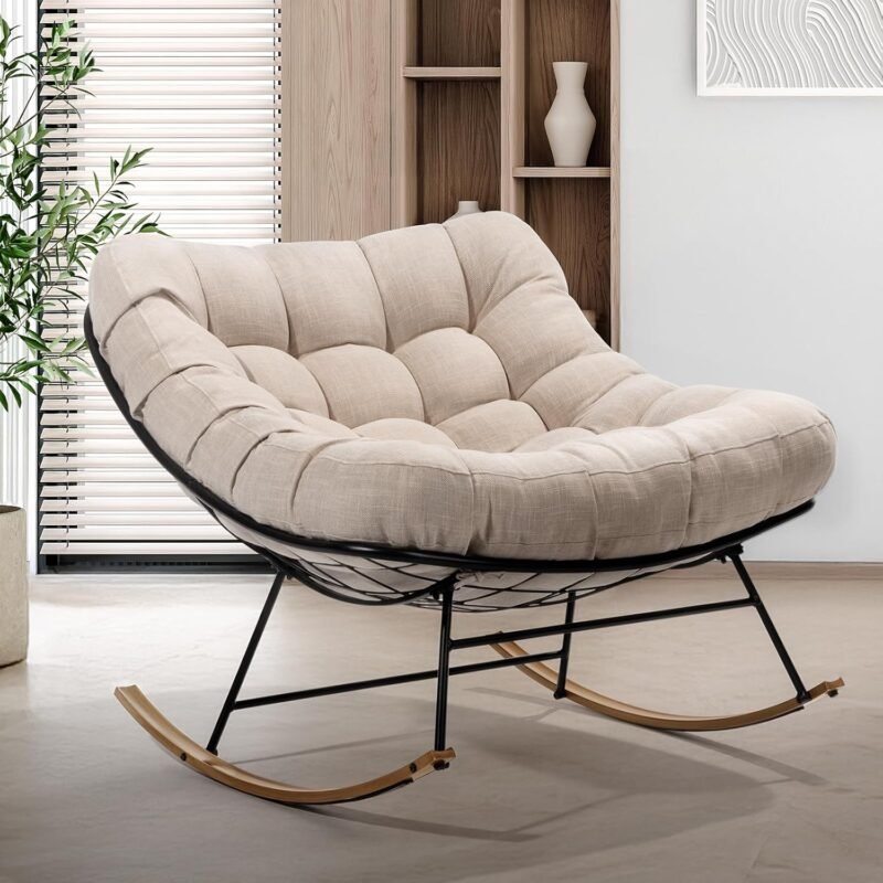 Bme Patio Rocking Chair Outdoor and Indoor, Modern Metal Lounge Rocker with Thick 7'' Cushion, 400lbs Capacity, Ergonomic Design, Easy Assembly, Beige Cushion - Wood Texture Rocker
