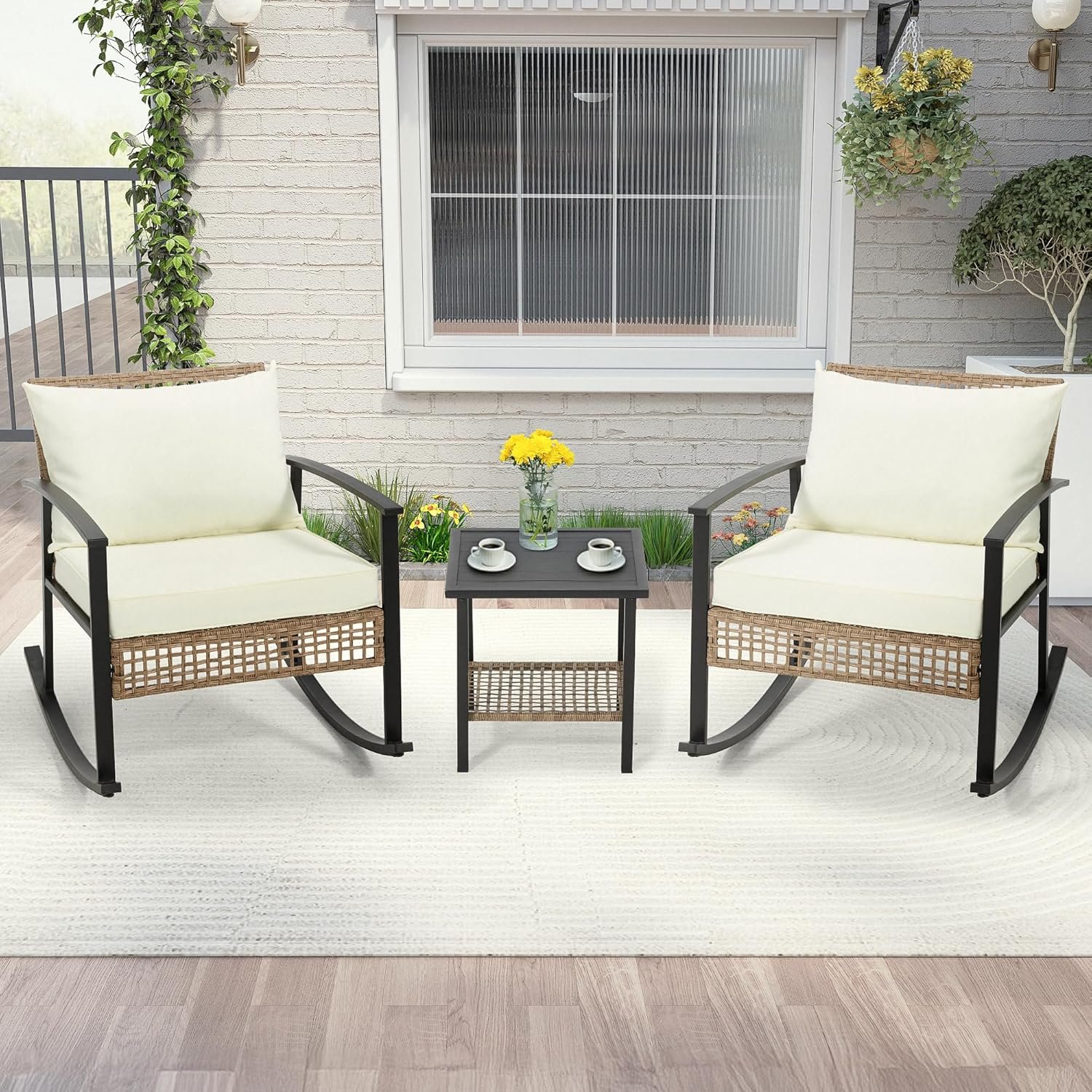 AVAWING 3 Pieces Rocking Bistro Set, Outdoor Rattan Patio Rocking Chairs Set of 2 and 2-Tier Coffee Table, Modern Furniture Oversized Conversation Set for Balcony, Porch, Garden (White) - Image 2