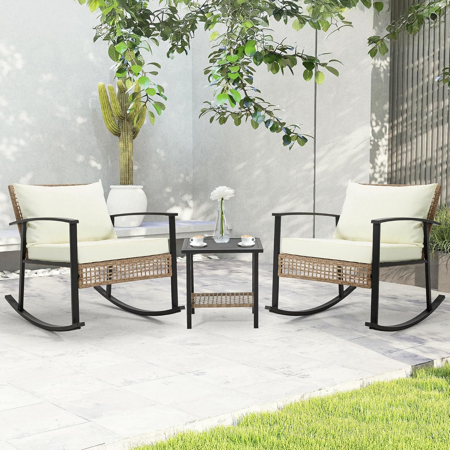 AVAWING 3 Pieces Rocking Bistro Set, Outdoor Rattan Patio Rocking Chairs Set of 2 and 2-Tier Coffee Table, Modern Furniture Oversized Conversation Set for Balcony, Porch, Garden (White) - Image 8
