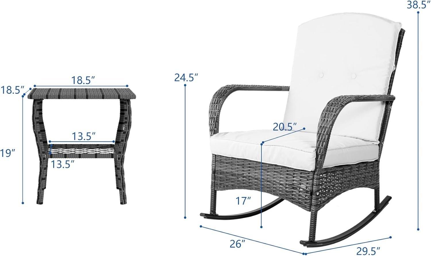 3 Pieces Patio Conversation Set, Outdoor Rocking Chair, Wicker Bistro Set, Outdoor Furniture with Porch Chairs and Coffee Table for Deck Garden Poolside, Beige - Image 7