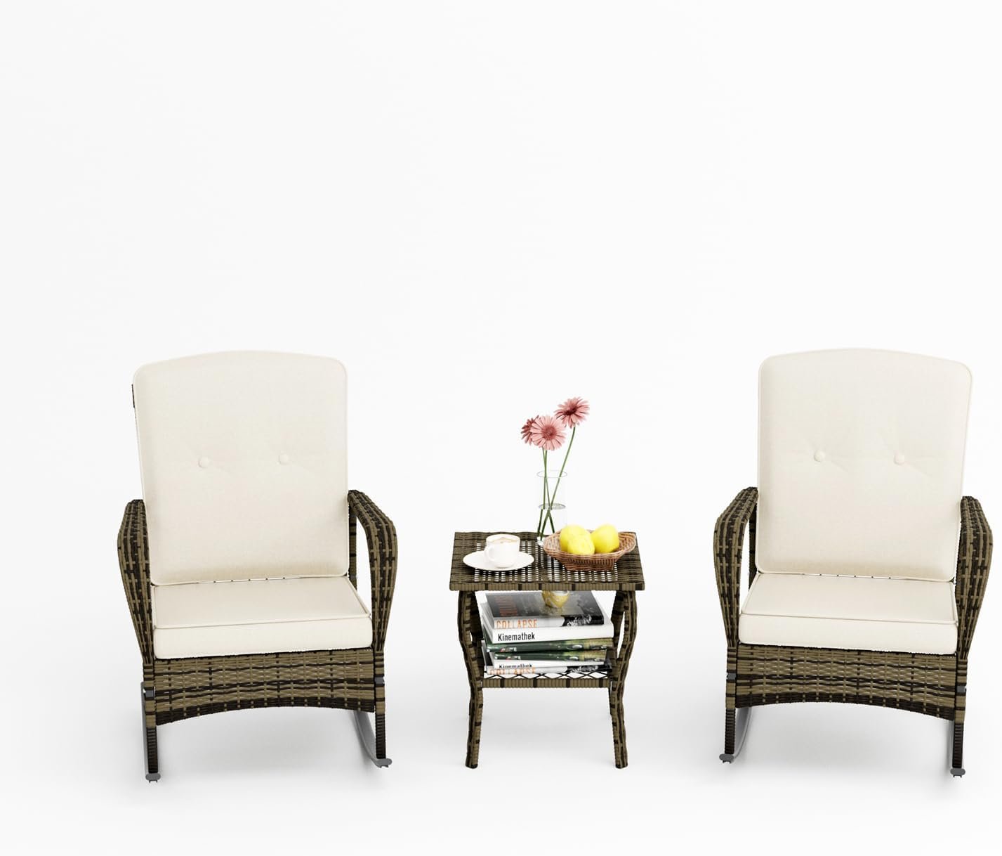 3 Pieces Patio Conversation Set, Outdoor Rocking Chair, Wicker Bistro Set, Outdoor Furniture with Porch Chairs and Coffee Table for Deck Garden Poolside, Beige - Image 8