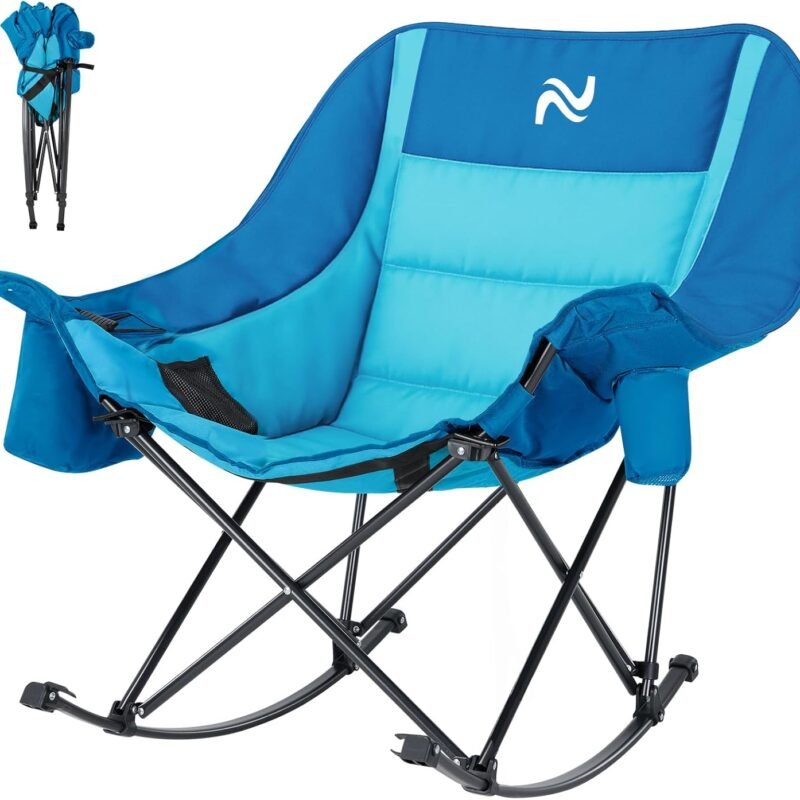 ABORON Oversized Rocking Camping Chair for Adults, Fully Padded Folding Outdoor Lawn Chair with Cooler Bag & Side Pocket, Portable Recliner Chair for Camp, Patio, Backyard, Supports 400 lbs