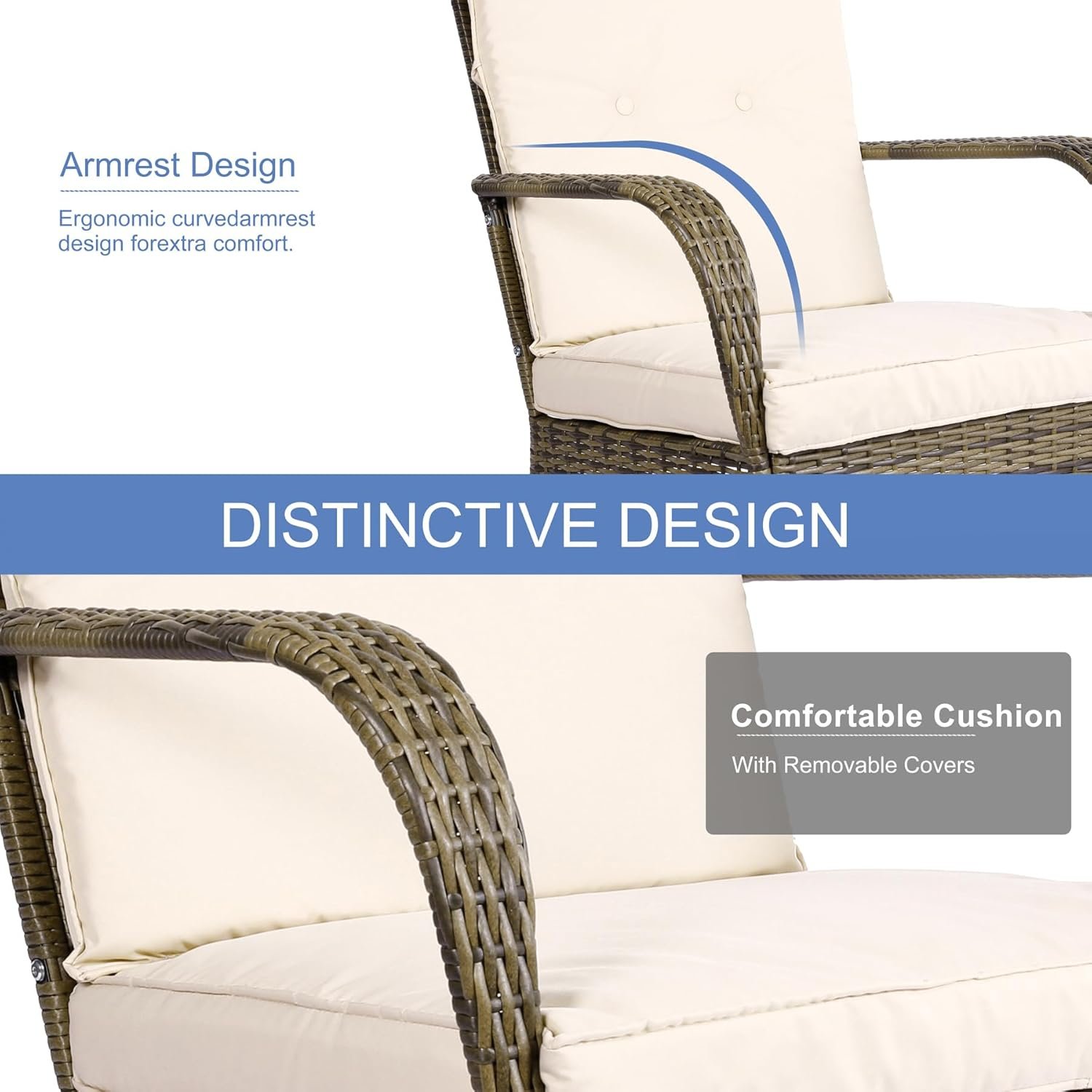 3 Pieces Patio Conversation Set, Outdoor Rocking Chair, Wicker Bistro Set, Outdoor Furniture with Porch Chairs and Coffee Table for Deck Garden Poolside, Beige - Image 4