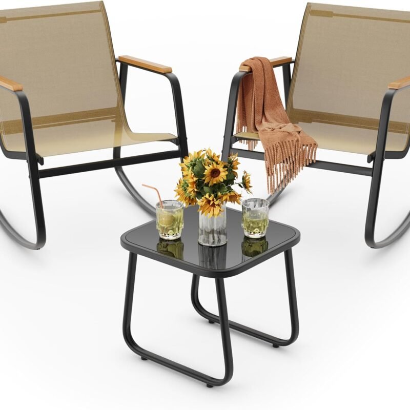 Ahomly 3-Piece Outdoor Rocking Bistro Set, Outdoor Patio Furniture Set with Textilene Fabric, Patio Rocking Chairs and Glass Table for Garden Balcony Backyard Poolside Brown
