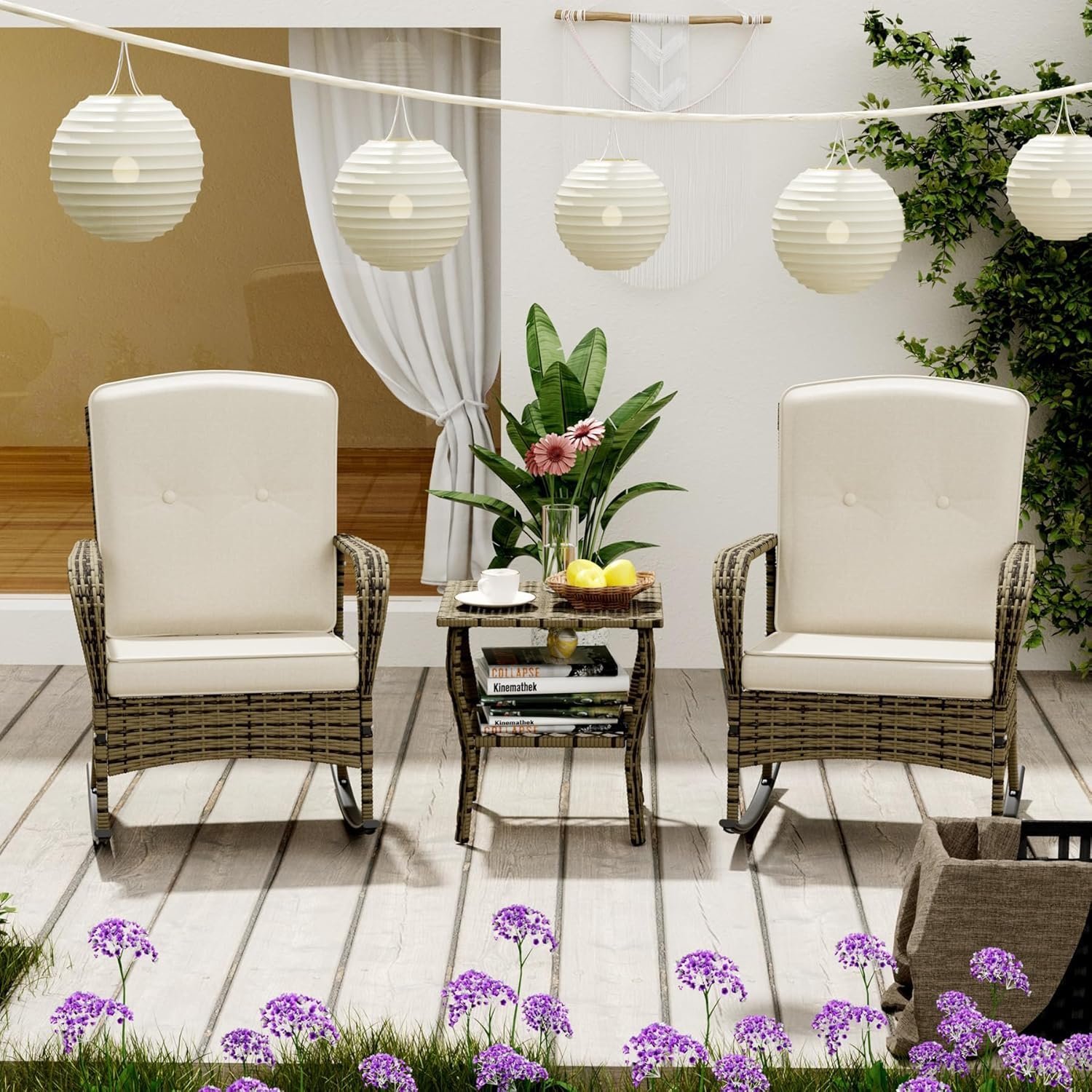 3 Pieces Patio Conversation Set, Outdoor Rocking Chair, Wicker Bistro Set, Outdoor Furniture with Porch Chairs and Coffee Table for Deck Garden Poolside, Beige - Image 2