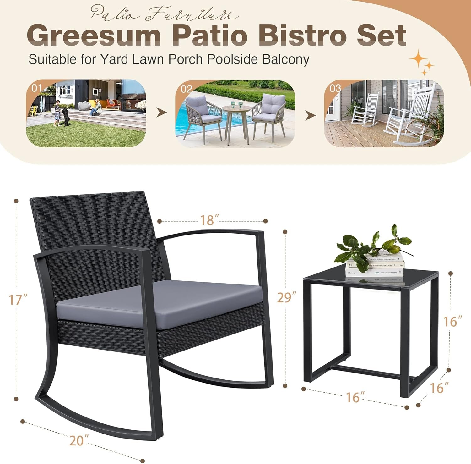 Greesum 3 Pieces Outdoor Furniture Set Patio Bistro Rocking Chairs with Glass Coffee Table for Pool Beach Backyard Balcony Porch Deck Garden, Light Gray - Image 4