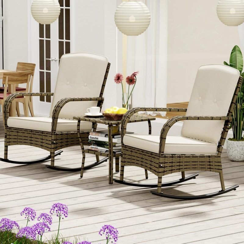 3 Pieces Patio Conversation Set, Outdoor Rocking Chair, Wicker Bistro Set, Outdoor Furniture with Porch Chairs and Coffee Table for Deck Garden Poolside, Beige