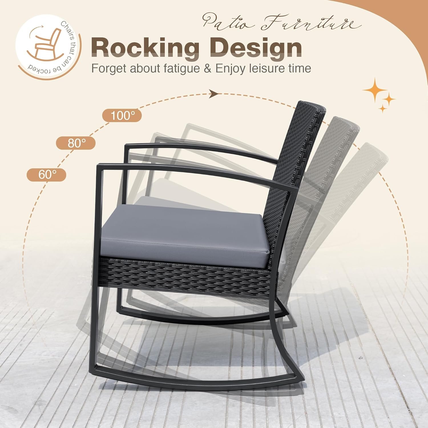 Greesum 3 Pieces Outdoor Furniture Set Patio Bistro Rocking Chairs with Glass Coffee Table for Pool Beach Backyard Balcony Porch Deck Garden, Light Gray - Image 5