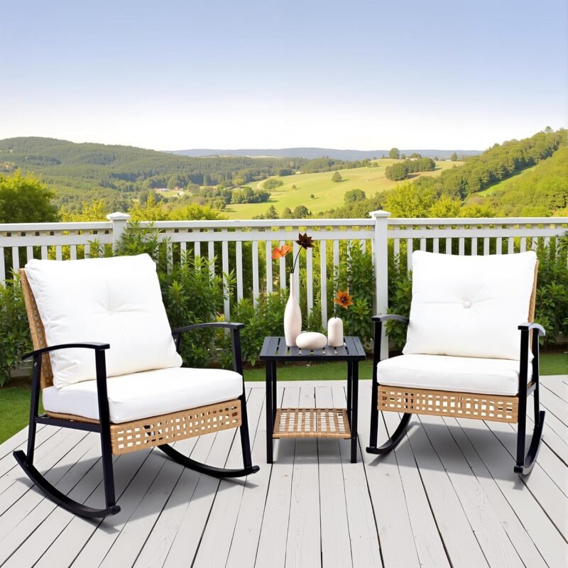 3-Piece Outdoor Rocking Chair Set, Wicker Patio Rocker Furniture with White Cushions, Side Table, Black Metal Frame – Ideal for Outdoor, Patio & Porch Relaxation