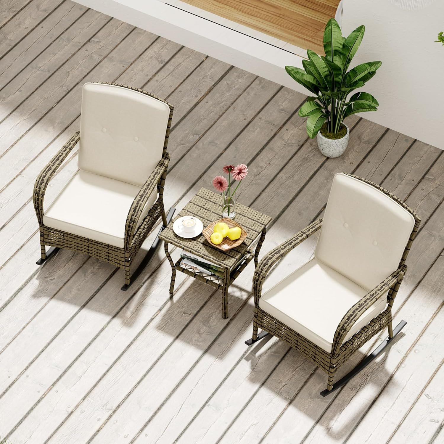 3 Pieces Patio Conversation Set, Outdoor Rocking Chair, Wicker Bistro Set, Outdoor Furniture with Porch Chairs and Coffee Table for Deck Garden Poolside, Beige - Image 3
