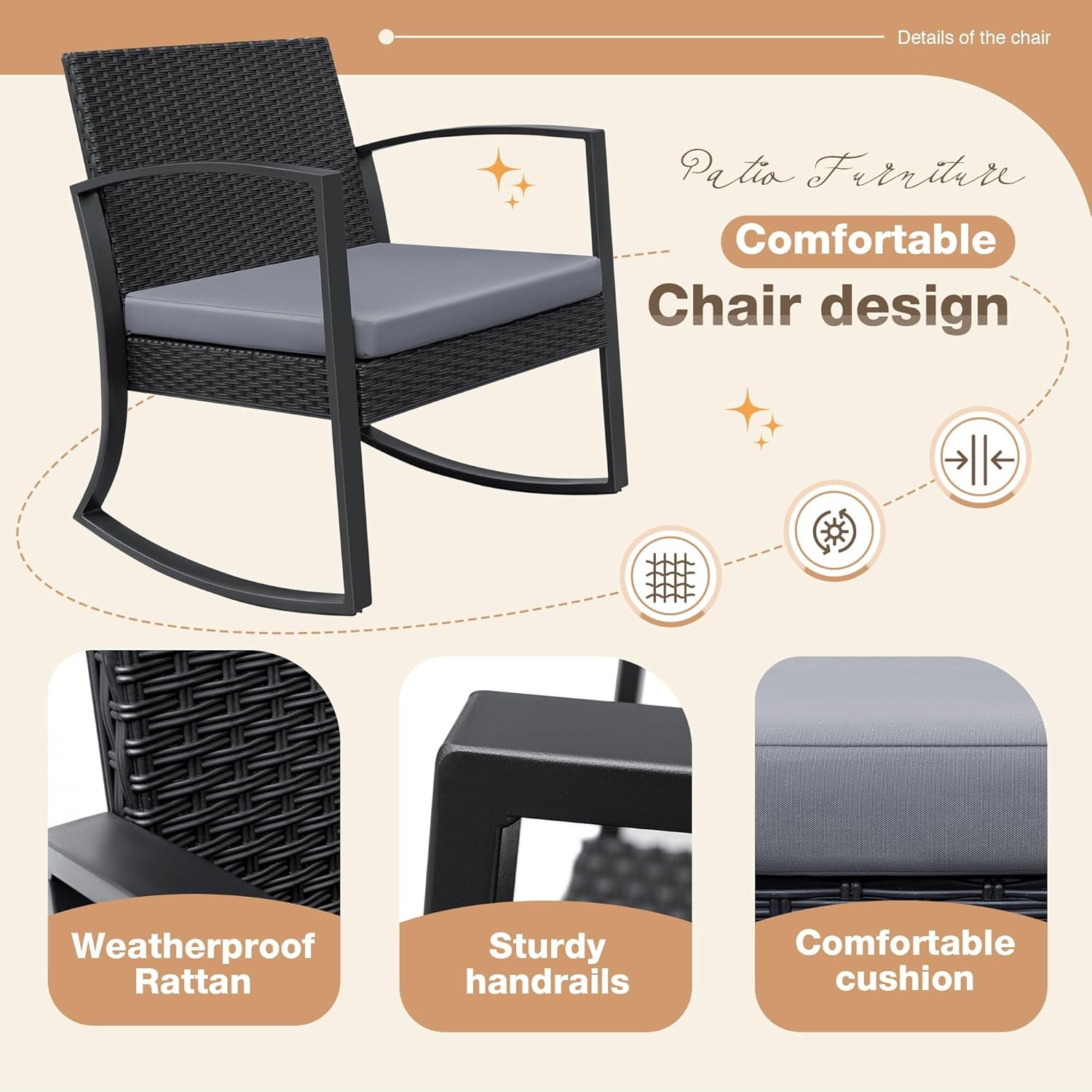 Greesum 3 Pieces Outdoor Furniture Set Patio Bistro Rocking Chairs with Glass Coffee Table for Pool Beach Backyard Balcony Porch Deck Garden, Light Gray - Image 6