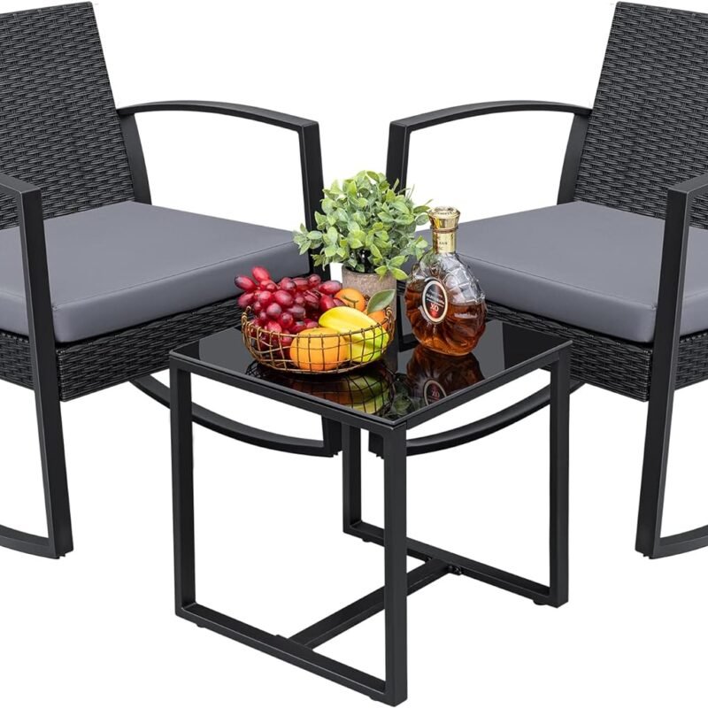 Greesum 3 Pieces Outdoor Furniture Set Patio Bistro Rocking Chairs with Glass Coffee Table for Pool Beach Backyard Balcony Porch Deck Garden, Light Gray