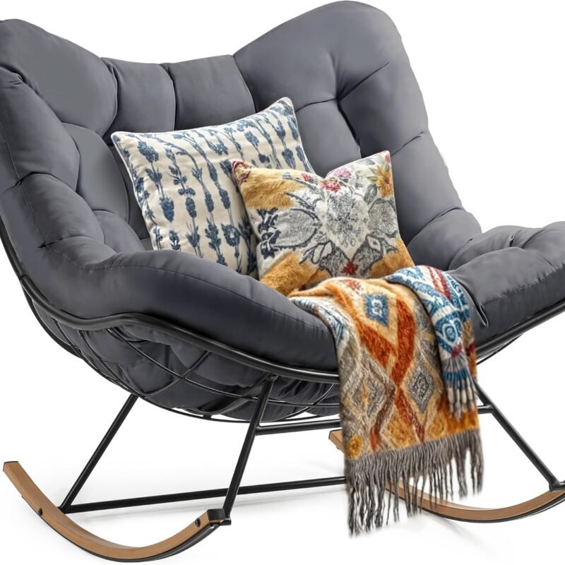 YITAHOME Oversized Rocking Papasan Chair, Wide Rocking Chairs, Comfy Indoor and Outdoor Lounge Chair with Thick Cushion for Bedroom, Living Room, Patio, Porch, Garden, Deck, Lawn (Gray)