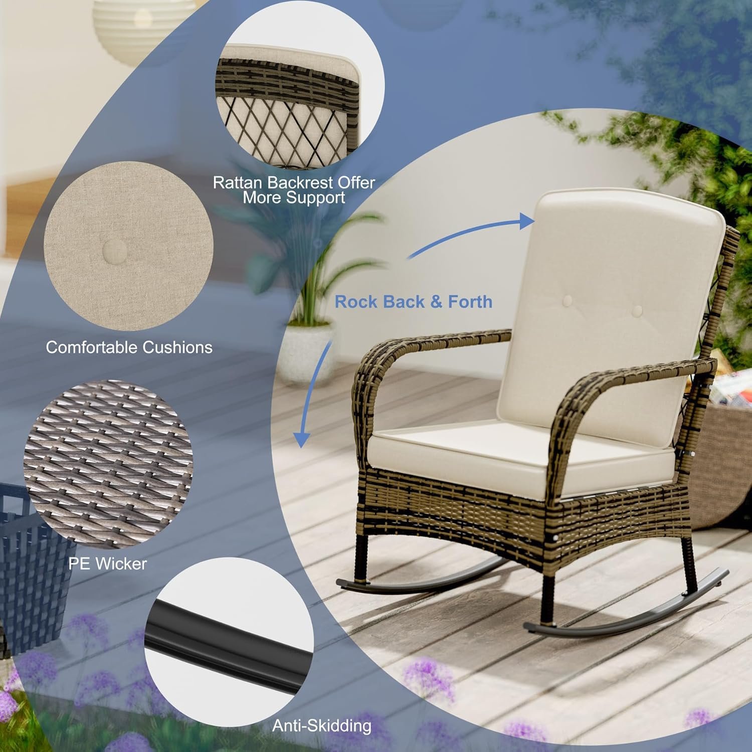 3 Pieces Patio Conversation Set, Outdoor Rocking Chair, Wicker Bistro Set, Outdoor Furniture with Porch Chairs and Coffee Table for Deck Garden Poolside, Beige - Image 5