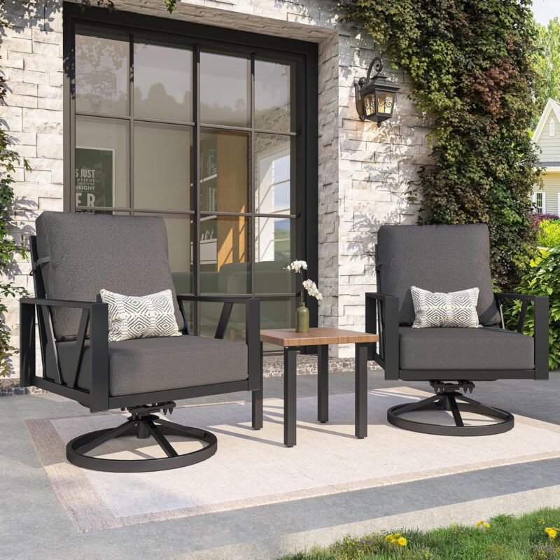Outdoor Patio Swivel Rocking Chairs Set, Patio Porch Furniture with 6" Thick Cushions, 3 Pieces Outdoor Bistro Set with Coffee Table for Balcony, 350lbs, Dark Grey