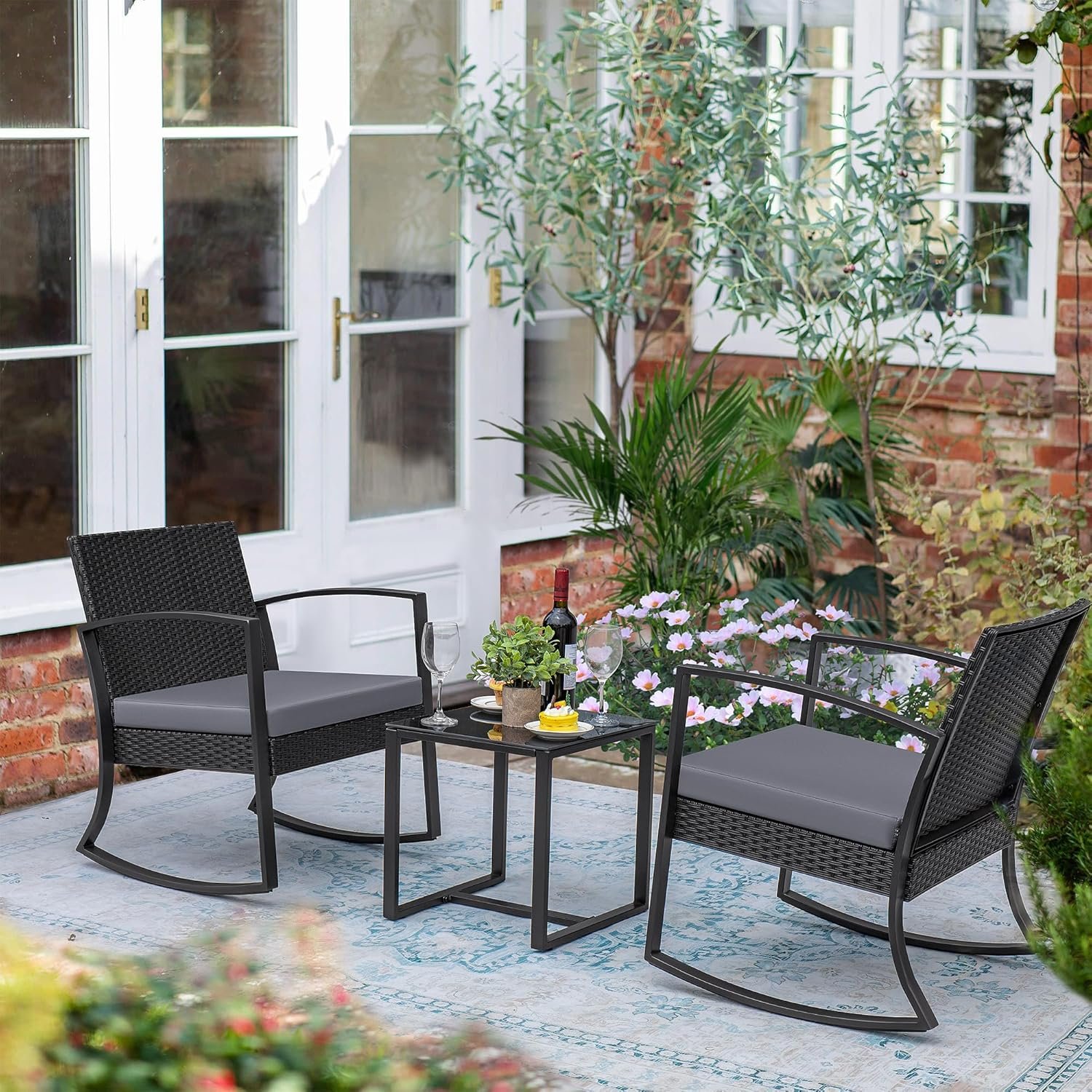 Greesum 3 Pieces Outdoor Furniture Set Patio Bistro Rocking Chairs with Glass Coffee Table for Pool Beach Backyard Balcony Porch Deck Garden, Light Gray - Image 3