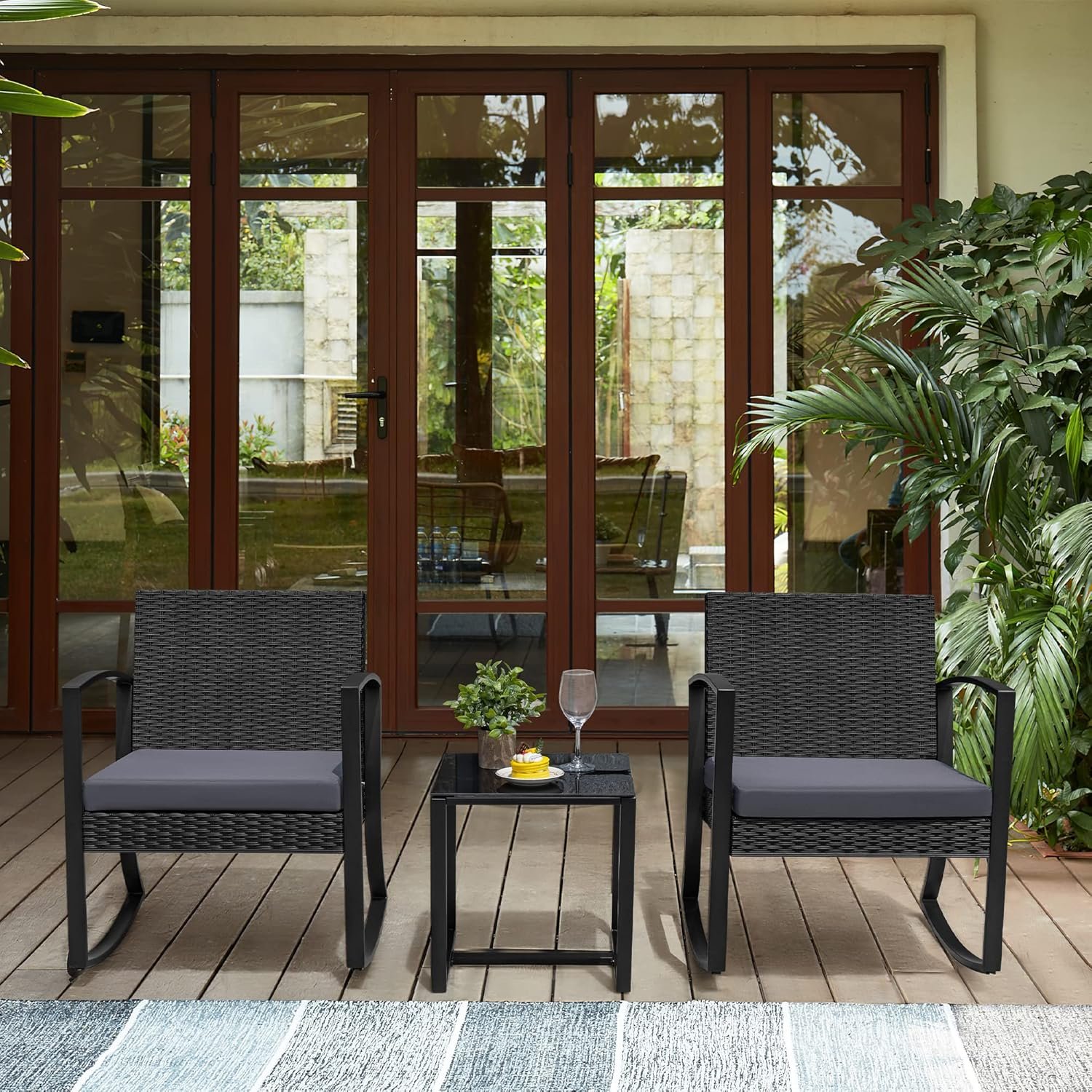 Greesum 3 Pieces Outdoor Furniture Set Patio Bistro Rocking Chairs with Glass Coffee Table for Pool Beach Backyard Balcony Porch Deck Garden, Light Gray - Image 2