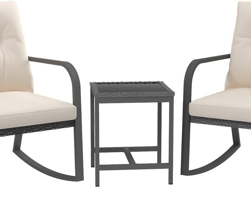 Bistro 3 Piece Patio Furniture Set, Patio Table and Outdoor Rattan Rocking Chairs Set of 2, Outdoor Bistro Conversation Set for, Garden, Balcony, Poolside, Backyard, Beige