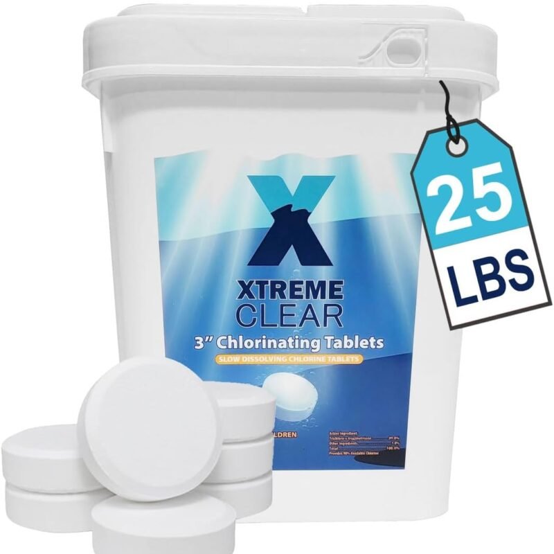 XtremeClear 25 Pound Bucket 3" Chlorine Tablets Bucket, 25 lbs Chlorinating Tabs for Swimming Pools Advanced Slow Dissolving