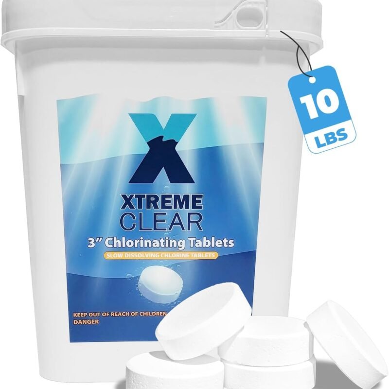 Xtremeclear 3-Inch Chlorine Tablets 99% Pure Tri-Chlor for Swimming Pools Spa Hot Tub 10lbs Bucket - Individually Wrapped Stabilized Sanitizer Slow Dissolving