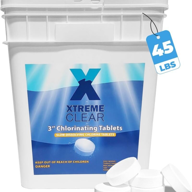 Xtremeclear 3" Swimming Pool Chlorine Tablets 99% Pure Tri-Chlor Pool Sanitizer 45LBS Slow Dissolving Chlorinating Tabs for Swimming Pools, Hot Tubs, Spa