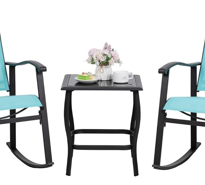 Shintenchi 3 Piece Rocking Bistro Set, Outdoor Furniture with Rocker Chairs and Glass Coffee Table Set of 3, Balcony, Porch Furniture for Small Space, Blue