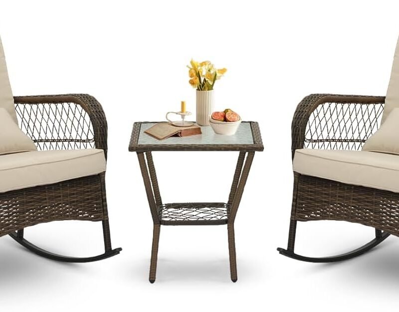 3 Piece Rocking Bistro Set Wicker Outdoor Patio Chairs Rattan Conversation Sets with Coffee Table for Patio, Porch, Backyard, Balcony, Poolside and Garden (Beige)