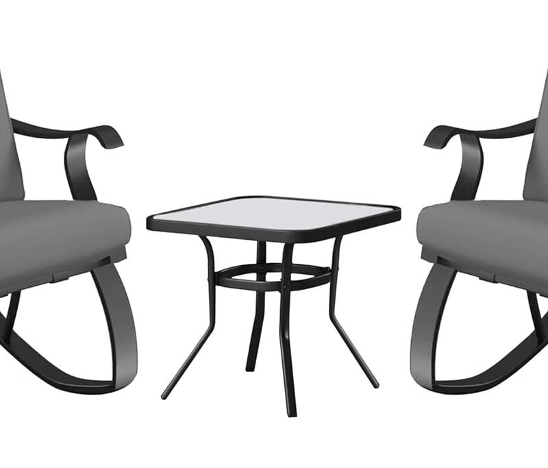 Four Seasons Courtyard Gramercy 3 Piece Cushioned Rocking Chairs Outdoor Backyard Patio Furniture Bistro Set with Square Side Table, Charcoal Gray