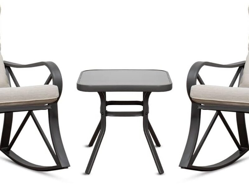 COSIEST 3 Piece Bistro Set Patio Rocking Chairs Outdoor Furniture w Beige Cushions, Glass-Top Table for Garden, Pool, Backyard