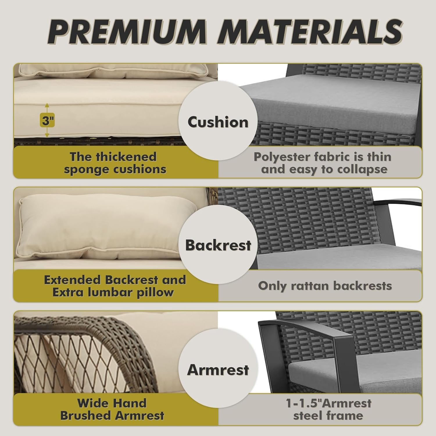 3 Piece Rocking Bistro Set Wicker Outdoor Patio Chairs Rattan Conversation Sets with Coffee Table for Patio, Porch, Backyard, Balcony, Poolside and Garden (Beige) - Image 6