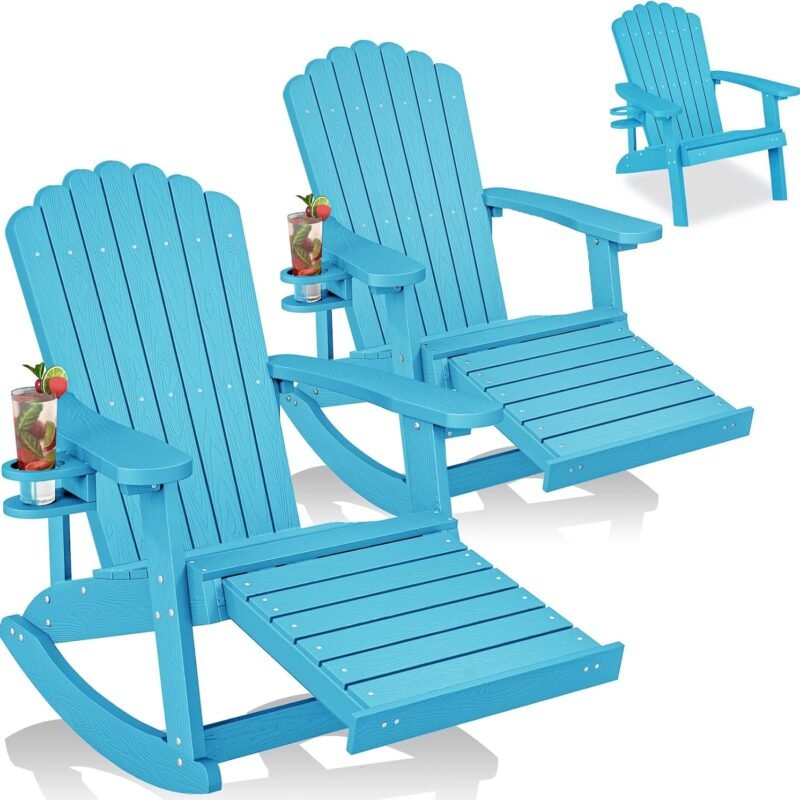ZHUSI Adirondack Rocking Chair Outdoor with Retractable Ottoman and Cup Holder, Adirondack Chairs with Footrest, Wood-Like Porch Rocker for Patio,Backyard,Garden (Blue, 2 PCS)
