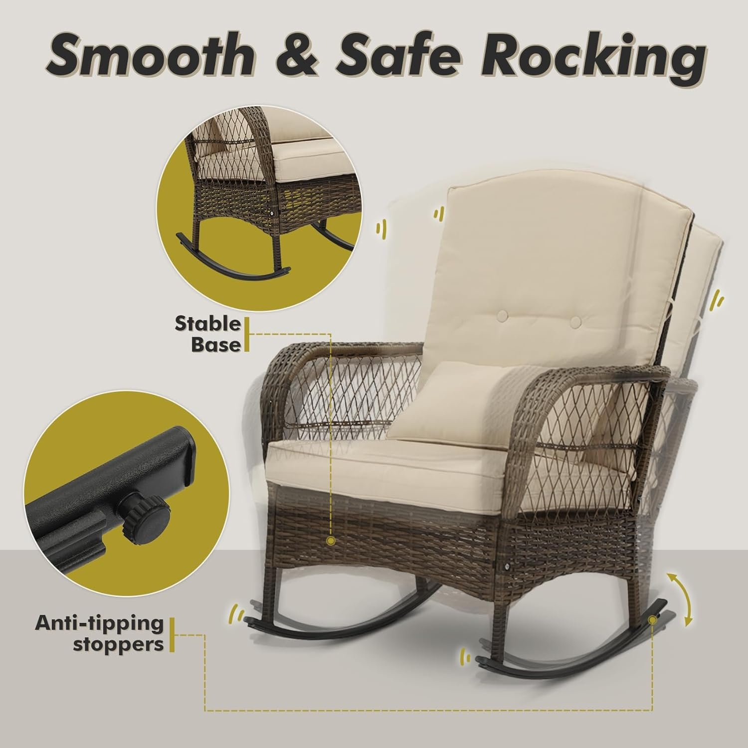 3 Piece Rocking Bistro Set Wicker Outdoor Patio Chairs Rattan Conversation Sets with Coffee Table for Patio, Porch, Backyard, Balcony, Poolside and Garden (Beige) - Image 3