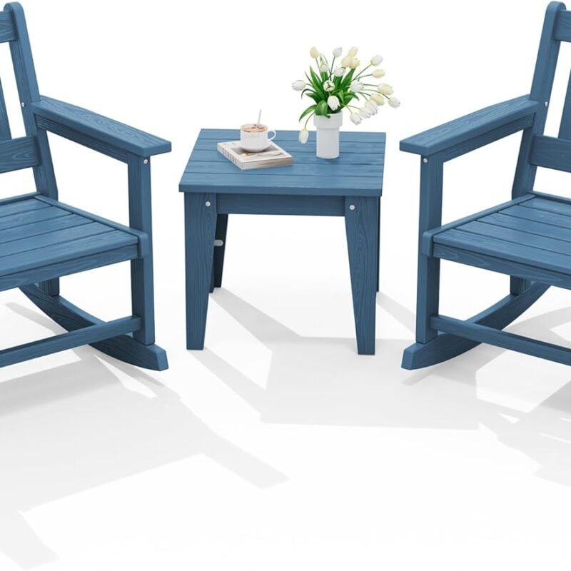 SERWALL 3 Piece Patio Rocking Bistro Set, Outdoor Bistro Set with Side Table, All Weather Outdoor Rocking Chair Set for Garden, Balcony, Backyard, and Porch- Blue