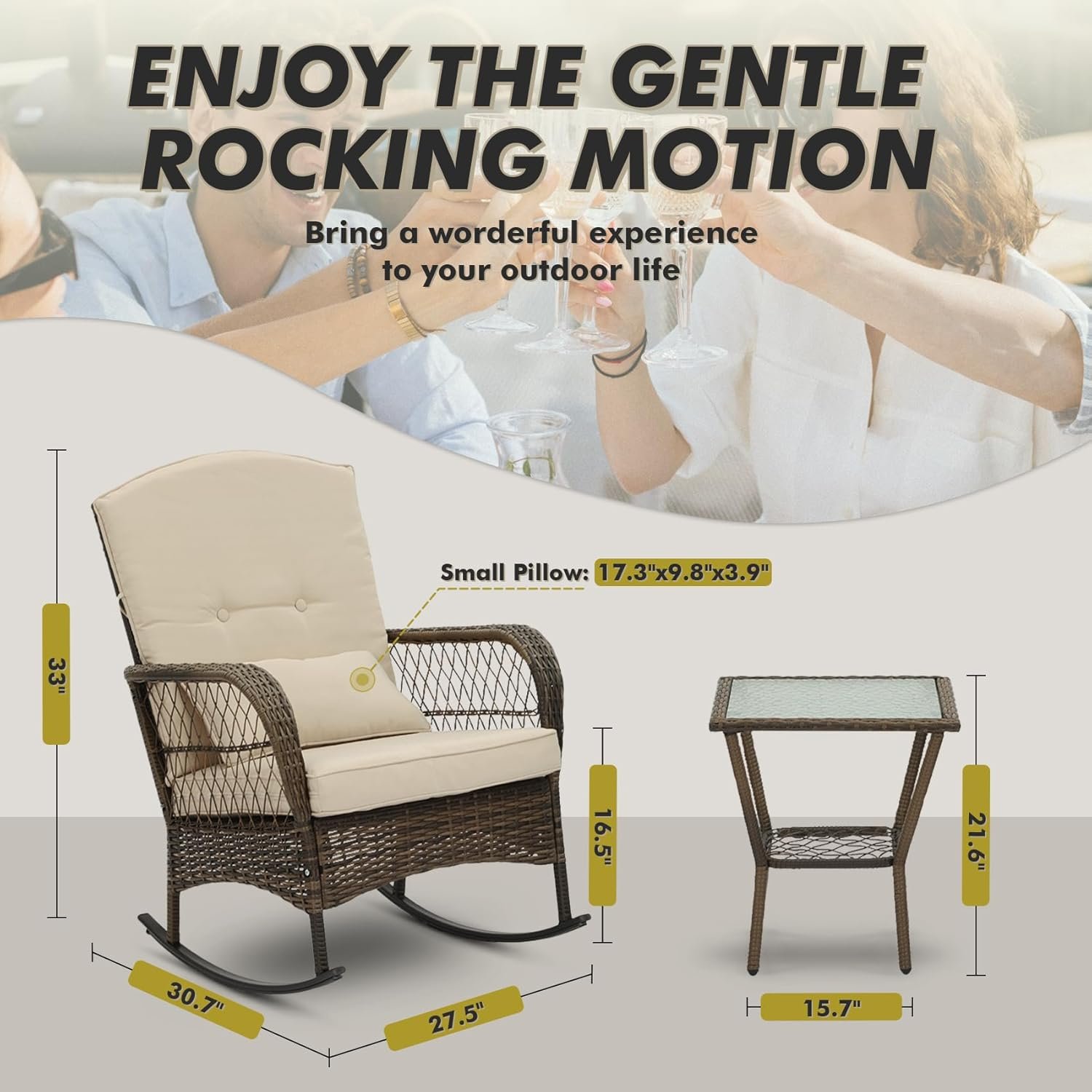 3 Piece Rocking Bistro Set Wicker Outdoor Patio Chairs Rattan Conversation Sets with Coffee Table for Patio, Porch, Backyard, Balcony, Poolside and Garden (Beige) - Image 8