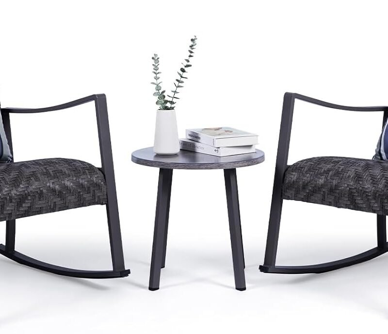 Backyard Expressions 3-Piece Wicker Patio Rocking Chair Set – Outdoor Rocker Chairs with Cushions and Faux Stone Table, All-Weather PE Rattan Porch Furniture for Deck, Balcony, or Garden